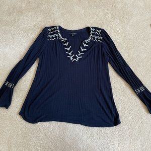 Lucky brand navy guaze style embroidered top